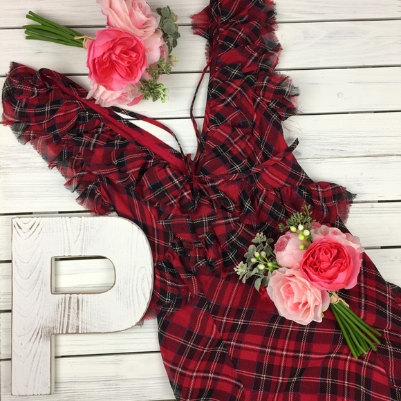 Free People Dresses & Skirts - Free People Red Plaid Ruffle Maxi Dress